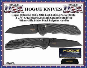 Hogue Knives HO24366 Hogue Deka ABLE Lock Folding Pocket Knife 3.25" CPM-MagnaCut Black Cerakote Modified Wharncliffe Blade, Black Polymer Handles Hogue Knives HO24366 Hogue Deka ABLE Lock Folding Pocket Knife 3.25" CPM-MagnaCut Black Cerakote Modified Wharncliffe Blade, Black Polymer Handles