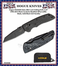 Hogue Knives HO24266 Hogue Deka ABLE Lock Folding Knife 3.25" CPM-20CV Black Cerakote Modified Wharncliffe Blade, Solid Black G10 Handles Hogue Knives HO24266 Hogue Deka ABLE Lock Folding Knife 3.25" CPM-20CV Black Cerakote Modified Wharncliffe Blade, Solid Black G10 Handles