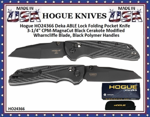 Hogue Knives HO24366 Hogue Deka ABLE Lock Folding Pocket Knife 3.25" CPM-MagnaCut Black Cerakote Modified Wharncliffe Blade, Black Polymer Handles 