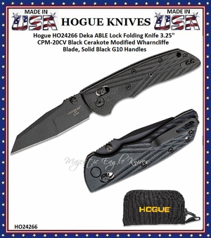 Hogue Knives HO24266 Hogue Deka ABLE Lock Folding Knife 3.25" CPM-20CV Black Cerakote Modified Wharncliffe Blade, Solid Black G10 Handles 