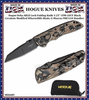 Hogue Knives HO24267 Hogue Deka ABLE Lock Folding Knife 3.25" CPM-20CV Black Cerakote Modified Wharncliffe Blade, G-Mascus FDE G10 Handles