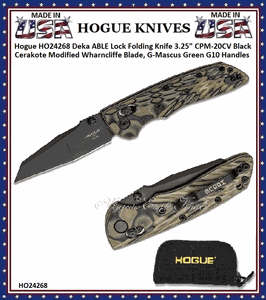 Hogue Knives HO24268 Hogue Deka ABLE Lock Folding Knife 3.25" CPM-20CV Black Cerakote Modified Wharncliffe Blade, G-Mascus Green G10 Handles 