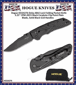 Hogue Knives HO24276 Hogue Deka ABLE Lock Folding Knife 3.25" CPM-20CV Black Cerakote Clip Point Blade, Solid Black G10 Handles 
