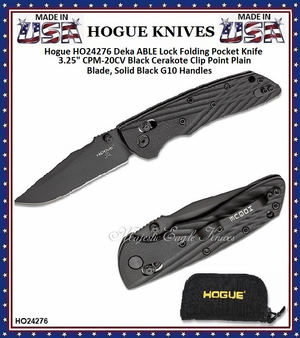 Hogue Knives HO24276 Hogue Deka ABLE Lock Folding Knife 3.25" CPM-20CV Black Cerakote Clip Point Blade, Solid Black G10 Handles 