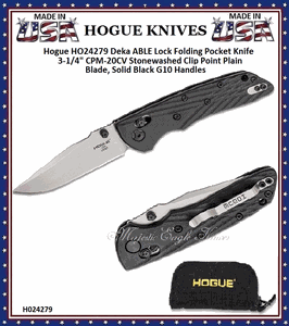 Hogue HO24279 Deka ABLE Lock Folding Knife 3.25" CPM-20CV Stonewashed Clip Point Blade, Solid Black G10 Handles