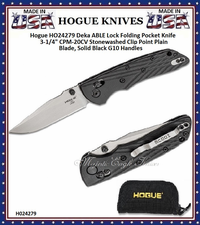 Hogue HO24279 Deka ABLE Lock Folding Knife 3.25" CPM-20CV Stonewashed Clip Point Blade, Solid Black G10 Handles Hogue HO24279 Deka ABLE Lock Folding Knife 3.25" CPM-20CV Stonewashed Clip Point Blade, Solid Black G10 Handles