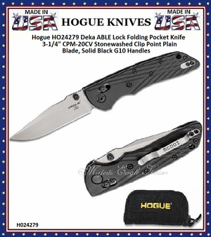 Hogue HO24279 Deka ABLE Lock Folding Knife 3.25" CPM-20CV Stonewashed Clip Point Blade, Solid Black G10 Handles