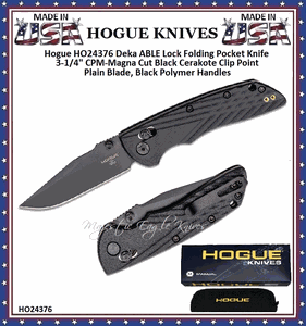 Hogue Knives HO24376 Hogue Deka ABLE Lock Folding Pocket Knife 3-1/4" CPM-MagnaCut Black Cerakote Clip Point Plain Blade, Black Polymer Handles 