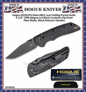 Hogue Knives HO24376	DEKA-BLACK CLIP PT/BLACK HNDL Hogue Deka ABLE Lock Folding Pocket Knife 3-1/4" CPM-MagnaCut Black Cerakote Clip Point Plain Blade, Black Polymer Handles 