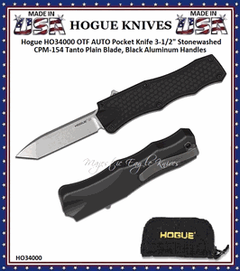 Hogue Knives HO34000 Hogue OTF 3-1/2'' Stonewashed CPM-154 Tanto Plain Blade, Black Aluminum Handled Pocket Knife W-Pocket Clip & Black Zippered Pouch