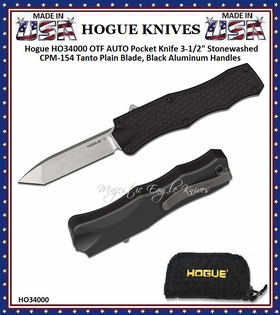 Hogue Knives HO34000 Hogue OTF 3-1/2'' Stonewashed CPM-154 Tanto Plain Blade, Black Aluminum Handled Pocket Knife W-Pocket Clip & Black Zippered Pouch