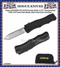 Hogue Knives HO34000 Hogue OTF 3-1/2'' Stonewashed CPM-154 Tanto Plain Blade, Black Aluminum Handled Pocket Knife W-Pocket Clip & Black Zippered Pouch Hogue Knives HO34000 Hogue OTF 3-1/2'' Stonewashed CPM-154 Tanto Plain Blade, Black Aluminum Handled Pocket Knife W-Pocket Clip & Black Zippered Pouch