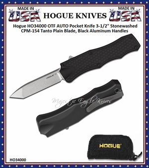 Hogue Knives HO34000 Hogue OTF 3-1/2'' Stonewashed CPM-154 Tanto Plain Blade, Black Aluminum Handled Pocket Knife W-Pocket Clip & Black Zippered Pouch