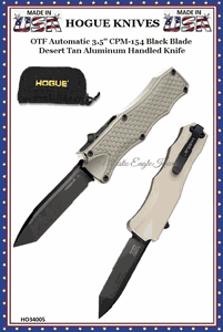 Hogue Knives HO34005 Hogue OTF 3-1/2'' Tanto Black DLC Plain Blade Matte Desert Sand (Tan) Aluminum Handled Pocket Knife W-Pocket Clip & Black Zippered Pouch
