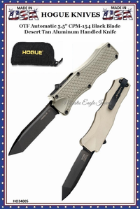 Hogue Knives HO34005 Hogue OTF 3-1/2'' Tanto Black DLC Plain Blade Matte Desert Sand (Tan) Aluminum Handled Pocket Knife W-Pocket Clip & Black Zippered Pouch Hogue Knives HO34005 Hogue OTF 3-1/2'' Tanto Black DLC Plain Blade Matte Desert Sand (Tan) Aluminum Handled Pocket Knife W-Pocket Clip & Black Zippered Pouch