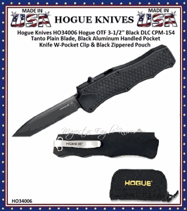 Hogue Knives HO34006 Hogue OTF 3-1/2'' Black DLC CPM-154 Tanto Plain Blade, Black Aluminum Handled Pocket Knife W-Pocket Clip & Black Zippered Pouch