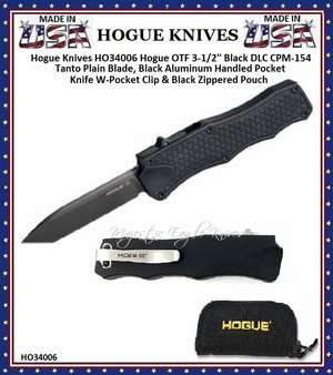 Hogue Knives HO34006 Hogue OTF 3-1/2'' Black DLC CPM-154 Tanto Plain Blade, Black Aluminum Handled Pocket Knife W-Pocket Clip & Black Zippered Pouch