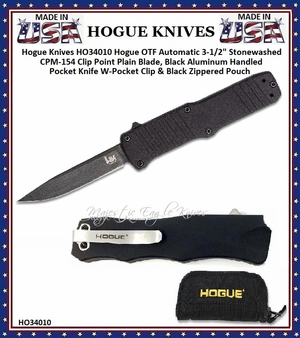Hogue Knives HO34010 Hogue OTF Automatic 3-1/2" Stonewashed CPM-154 Clip Point Plain Blade, Black Aluminum Handled Pocket Knife W-Pocket Clip & Black Zippered Pouch
