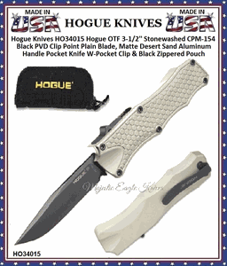 Hogue Knives HO34015 Hogue OTF 3-1/2'' Stonewashed CPM-154 Black PVD Clip Point Plain Blade, Matte Desert Sand Aluminum Handle Pocket Knife W-Pocket Clip & Black Zippered Pouch