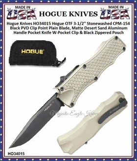 Hogue Knives HO34015 Hogue OTF 3-1/2'' Stonewashed CPM-154 Black PVD Clip Point Plain Blade, Matte Desert Sand Aluminum Handle Pocket Knife W-Pocket Clip & Black Zippered Pouch