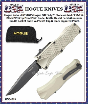 Hogue Knives HO34015 Hogue OTF 3-1/2'' Stonewashed CPM-154 Black PVD Clip Point Plain Blade, Matte Desert Sand Aluminum Handle Pocket Knife W-Pocket Clip & Black Zippered Pouch