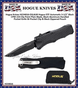 Hogue Knives HO34016-EXLALM Hogue OTF Automatic 3-1/2" Black CPM-154 Clip Point Plain Blade, Black Aluminum Handled Pocket Knife W-Pocket Clip & Black Zippered Pouch