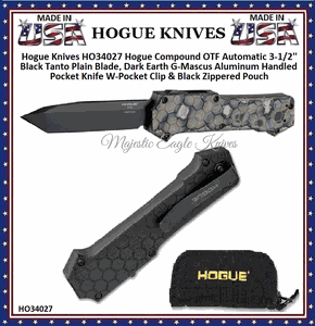 Hogue Knives HO34027 Hogue Compound OTF Automatic 3-1/2'' Black Tanto Plain Blade, Dark Earth G-Mascus Aluminum Handled Pocket Knife W-Pocket Clip & Black Zippered Pouch