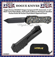 Hogue Knives HO34027 Hogue Compound OTF Automatic 3-1/2'' Black Tanto Plain Blade, Dark Earth G-Mascus Aluminum Handled Pocket Knife W-Pocket Clip & Black Zippered Pouch Hogue Knives HO34027 Hogue Compound OTF Automatic 3-1/2'' Black Tanto Plain Blade, Dark Earth G-Mascus Aluminum Handled Pocket Knife W-Pocket Clip & Black Zippered Pouch