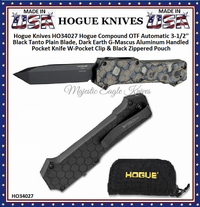 Hogue Knives HO34027 Hogue Compound OTF Automatic 3-1/2'' Black Tanto Plain Blade, Dark Earth G-Mascus Aluminum Handled Pocket Knife W-Pocket Clip & Black Zippered Pouch Hogue Knives HO34027 Hogue Compound OTF Automatic 3-1/2'' Black Tanto Plain Blade, Dark Earth G-Mascus Aluminum Handled Pocket Knife W-Pocket Clip & Black Zippered Pouch
