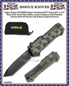 Hogue Knives HO34028 Hogue Compound OTF Automatic 3-1/2'' Black PVD Tanto Plain Blade, Green G-Mascus G10 Handled Pocket Knife W-Pocket Clip & Black Zippered Pouch