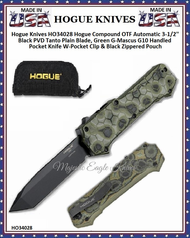 Hogue Knives HO34028 Hogue Compound OTF Automatic 3-1/2'' Black PVD Tanto Plain Blade, Green G-Mascus G10 Handled Pocket Knife W-Pocket Clip & Black Zippered Pouch Hogue Knives HO34028 Hogue Compound OTF Automatic 3-1/2'' Black PVD Tanto Plain Blade, Green G-Mascus G10 Handled Pocket Knife W-Pocket Clip & Black Zippered Pouch