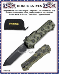 Hogue Knives HO34028 Hogue Compound OTF Automatic 3-1/2'' Black PVD Tanto Plain Blade, Green G-Mascus G10 Handled Pocket Knife W-Pocket Clip & Black Zippered Pouch Hogue Knives HO34028 Hogue Compound OTF Automatic 3-1/2'' Black PVD Tanto Plain Blade, Green G-Mascus G10 Handled Pocket Knife W-Pocket Clip & Black Zippered Pouch