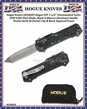 Hogue Knives HO34029 Hogue OTF 3-1/2'' Stonewashed Tanto CPM-S30V Plain Blade, Black G-Mascus Aluminum Handle Pocket Knife W-Pocket Clip & Black Zippered Pouch