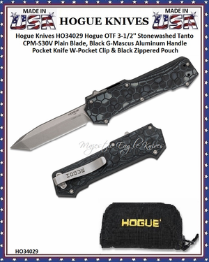Hogue Knives HO34029 Hogue OTF 3-1/2'' Stonewashed Tanto CPM-S30V Plain Blade, Black G-Mascus Aluminum Handle Pocket Knife W-Pocket Clip & Black Zippered Pouch