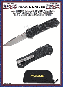 Hogue Knives HO34039 Hogue Compound OTF AUTO Knife 3.5" S30V Stonewashed Clip Point Blade, Black G-Mascus G10 and Aluminum Handles 
