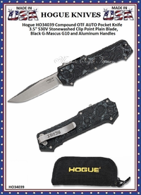 Hogue Knives HO34039 Hogue Compound OTF AUTO Knife 3.5" S30V Stonewashed Clip Point Blade, Black G-Mascus G10 and Aluminum Handles Hogue Knives HO34039 Hogue Compound OTF AUTO Knife 3.5" S30V Stonewashed Clip Point Blade, Black G-Mascus G10 and Aluminum Handles