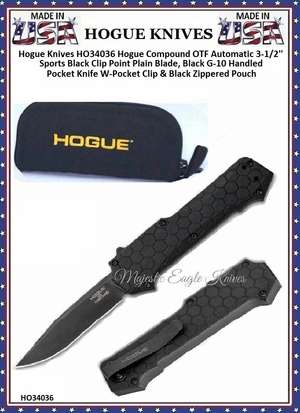 Hogue Knives HO34036 Hogue Compound OTF Automatic 3-1/2'' Sports Black Clip Point Plain Blade, Black G-10 Handled Pocket Knife W-Pocket Clip & Black Zippered Pouch