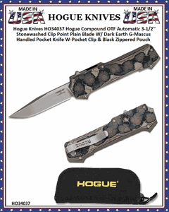 Hogue Knives HO34037 Hogue Compound OTF Automatic 3-1/2'' Stonewashed Clip Point Plain Blade W/ Dark Earth G-Mascus Handled  Pocket Knife W-Pocket Clip & Black Zippered Pouch