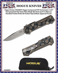 Hogue Knives HO34037 Hogue Compound OTF Automatic 3-1/2'' Stonewashed Clip Point Plain Blade W/ Dark Earth G-Mascus Handled Pocket Knife W-Pocket Clip & Black Zippered Pouch Hogue Knives HO34037 Hogue Compound OTF Automatic 3-1/2'' Stonewashed Clip Point Plain Blade W/ Dark Earth G-Mascus Handled Pocket Knife W-Pocket Clip & Black Zippered Pouch