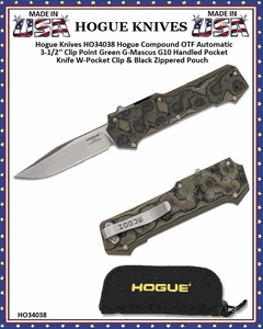 Hogue Knives HO34038 Hogue Compound OTF Automatic 3-1/2'' Clip Point Green G-Mascus G10 Handled Pocket Knife W-Pocket Clip & Black Zippered Pouch