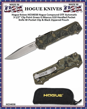 Hogue Knives HO34038 Hogue Compound OTF Automatic 3-1/2'' Clip Point Green G-Mascus G10 Handled Pocket Knife W-Pocket Clip & Black Zippered Pouch Hogue Knives HO34038 Hogue Compound OTF Automatic 3-1/2'' Clip Point Green G-Mascus G10 Handled Pocket Knife W-Pocket Clip & Black Zippered Pouch