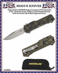 Hogue Knives HO34038 Hogue Compound OTF Automatic 3-1/2'' Clip Point Green G-Mascus G10 Handled Pocket Knife W-Pocket Clip & Black Zippered Pouch Hogue Knives HO34038 Hogue Compound OTF Automatic 3-1/2'' Clip Point Green G-Mascus G10 Handled Pocket Knife W-Pocket Clip & Black Zippered Pouch