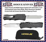 Hogue Knives HO34040 Hogue Exploit OTF Automatic 3-1/2'' Stonewashed Tanto Plain Blade, Black Aluminum Handled Pocket Knife W-Pocket Clip & Black Zippered Pouch