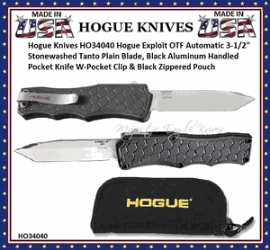 Hogue Knives HO34040 Hogue Exploit OTF Automatic 3-1/2'' Stonewashed Tanto Plain Blade, Black Aluminum Handled Pocket Knife W-Pocket Clip & Black Zippered Pouch