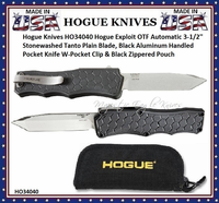 Hogue Knives HO34040 Hogue Exploit OTF Automatic 3-1/2'' Stonewashed Tanto Plain Blade, Black Aluminum Handled Pocket Knife W-Pocket Clip & Black Zippered Pouch Hogue Knives HO34040 Hogue Exploit OTF Automatic 3-1/2'' Stonewashed Tanto Plain Blade, Black Aluminum Handled Pocket Knife W-Pocket Clip & Black Zippered Pouch