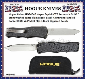 Hogue Knives HO34040 Hogue Exploit OTF Automatic 3-1/2'' Stonewashed Tanto Plain Blade, Black Aluminum Handled Pocket Knife W-Pocket Clip & Black Zippered Pouch