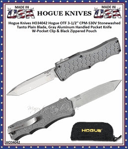 Hogue Knives HO34042 Hogue OTF 3-1/2'' CPM-S30V Stonewashed Tanto Plain Blade, Gray Aluminum Handled Pocket Knife W-Pocket Clip & Black Zippered Pouch