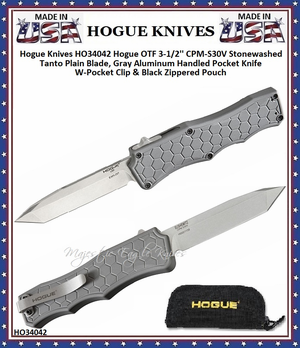Hogue Knives HO34042 Hogue OTF 3-1/2'' CPM-S30V Stonewashed Tanto Plain Blade, Gray Aluminum Handled Pocket Knife W-Pocket Clip & Black Zippered Pouch