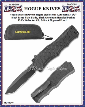 Hogue Knives HO34046 Hogue Exploit OTF Automatic 3-1/2'' Black Tanto Plain Blade, Black Aluminum Handled Pocket Knife W-Pocket Clip & Black Zippered Pouch