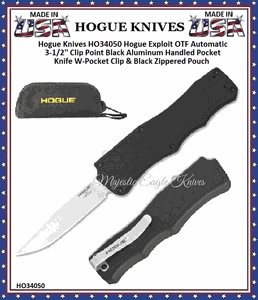 Hogue Knives HO34050 Hogue Exploit OTF Automatic 3-1/2'' Clip Point Black Aluminum Handled Pocket Knife W-Pocket Clip & Black Zippered Pouch